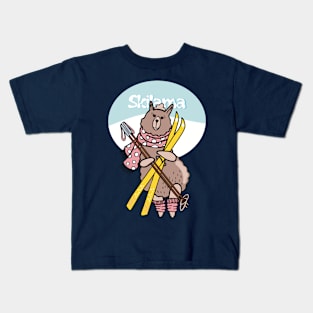 Lama in winter with skis Kids T-Shirt